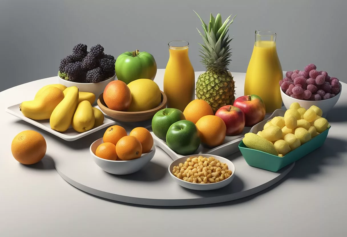 Various foods with different caloric values, such as fruits, vegetables, and processed snacks, are arranged on a table. The fruits and vegetables appear vibrant and fresh, while the processed snacks look artificial and unhealthy