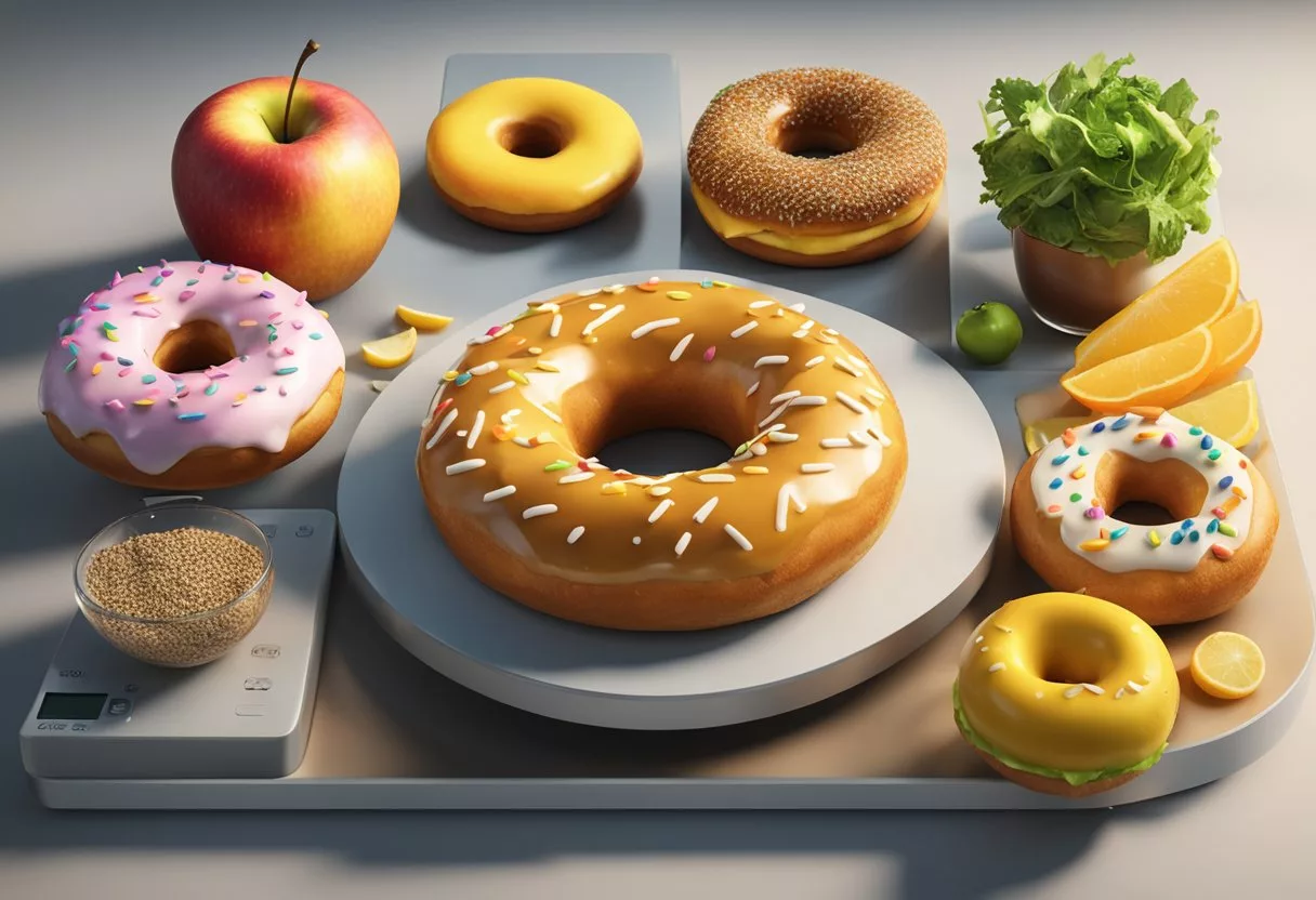 Various foods (apple, donut, salad) placed on a scale. Flames underneath each item to show differing calorie burning rates