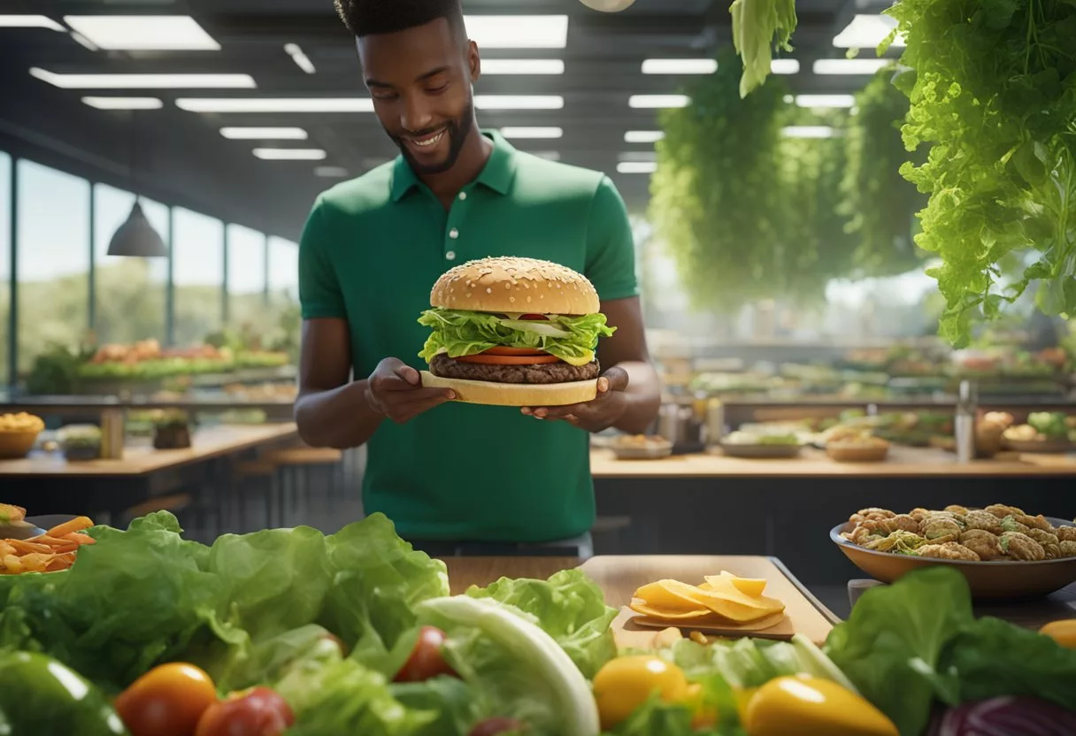 A person choosing between a salad and a burger, with a scale tipping towards the salad, surrounded by a vibrant, green environment