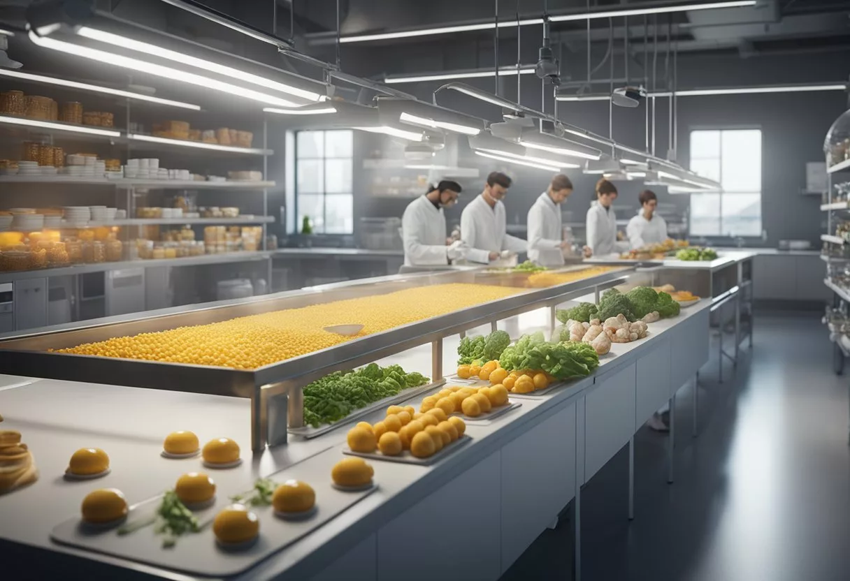 Various food items floating in a scientific lab setting, with researchers analyzing their molecular structures and energy content