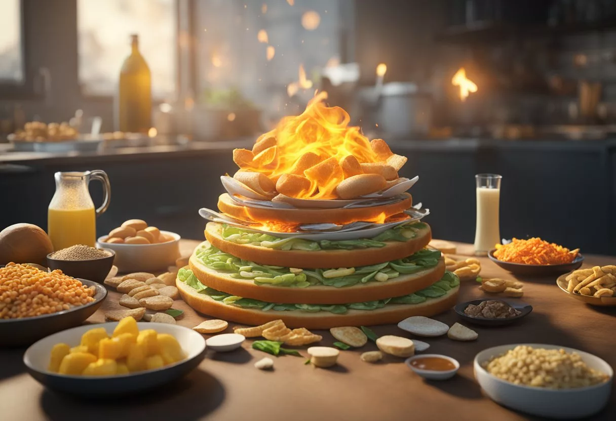 A pile of various food items, with labels indicating calorie content, surrounded by flames of varying intensity