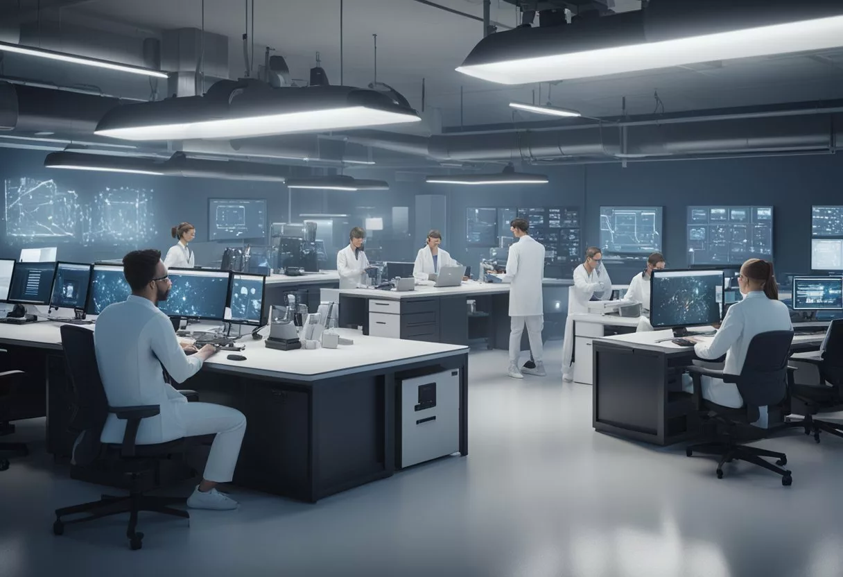 A group of scientists in a lab, surrounded by equipment and computer screens, working together to study the molecular transducers of physical activity