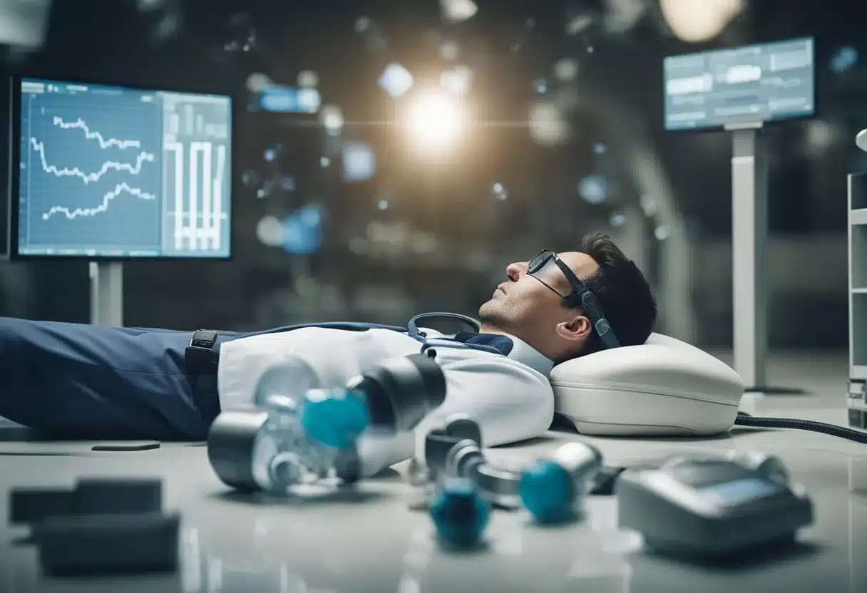 A person lying on the ground, surrounded by medical equipment and experiencing dizziness, fatigue, and rapid heart rate