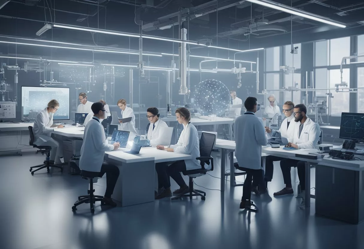 A group of scientists in a lab, surrounded by high-tech equipment, analyzing data and discussing the molecular transducers of physical activity