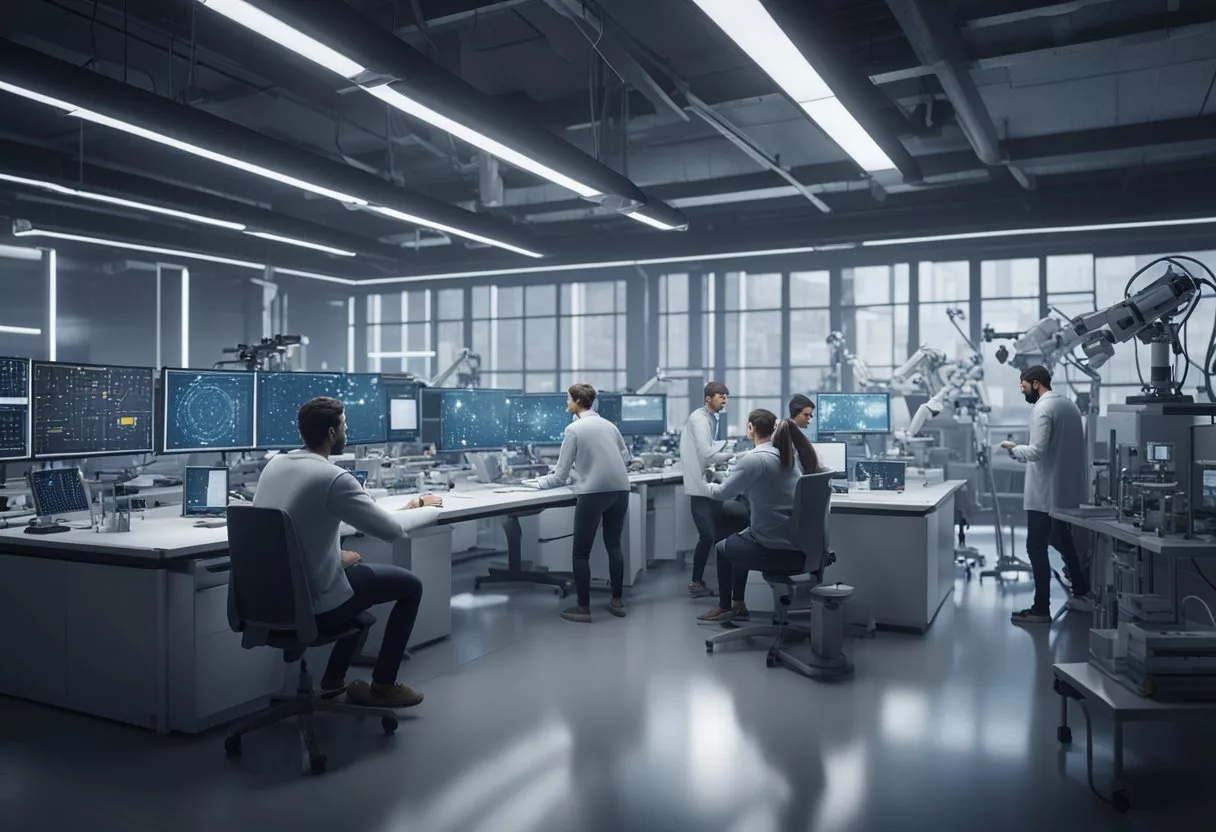 A group of researchers collaborating in a laboratory, surrounded by scientific equipment and computers, working on molecular transducers of physical activity