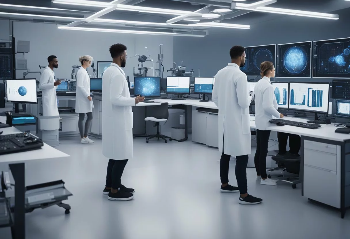 Researchers in lab coats analyze data, surrounded by advanced equipment and computers, representing the Clinical Applications Molecular Transducers of Physical Activity Consortium