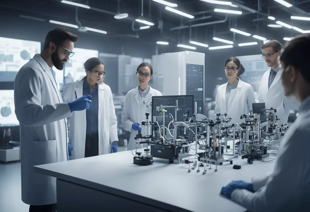 Scientists gather around lab equipment, discussing research findings and exchanging data on molecular transducers of physical activity