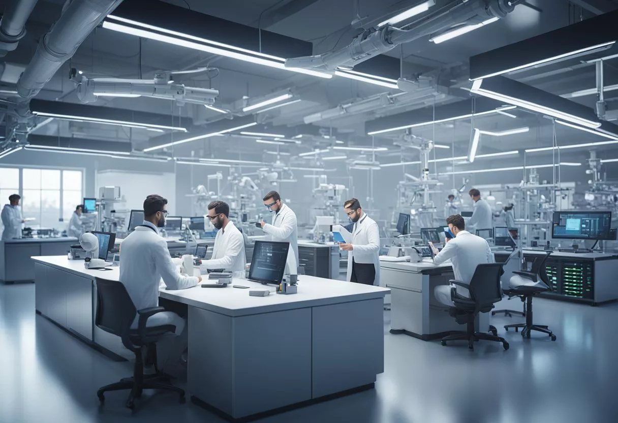 A group of scientists collaborating in a modern laboratory setting, surrounded by advanced technology and equipment, working on research related to the Molecular Transducers of Physical Activity Consortium