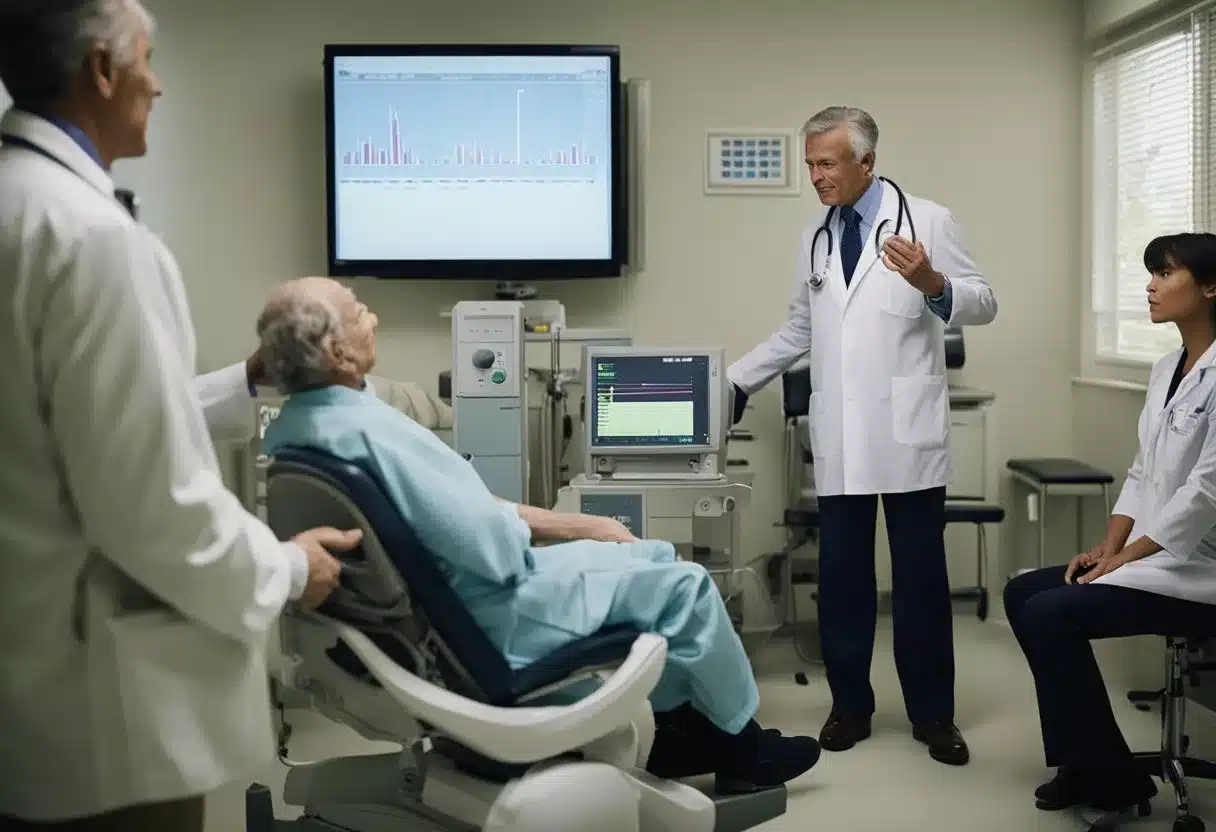 A heart monitor displaying erratic readings, a dizzy patient holding onto a chair, and a doctor explaining POTS to concerned family members