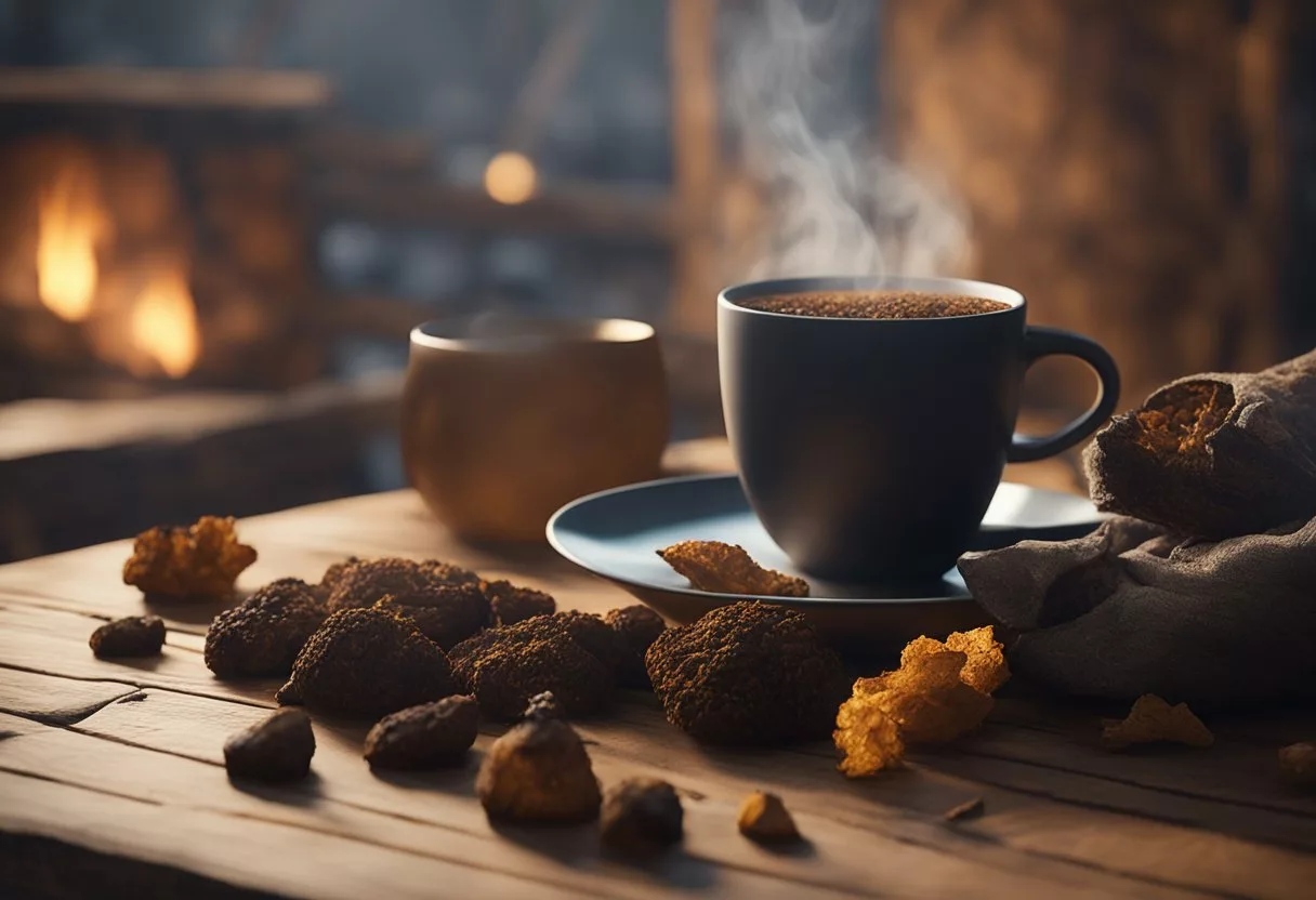 A steaming cup of chaga mushroom tea sits on a rustic wooden table, surrounded by scattered dried chaga mushrooms and a cozy, warm atmosphere