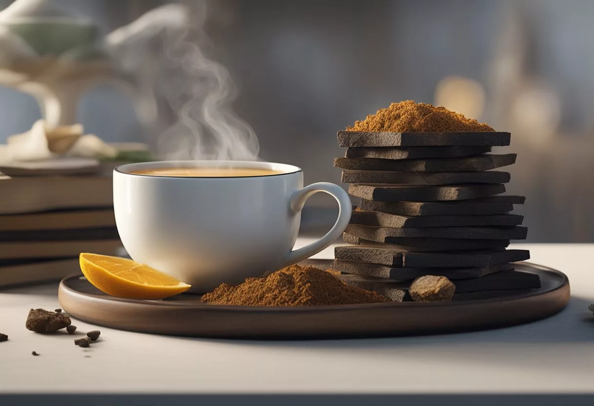 A steaming cup of chaga mushroom tea sits next to a stack of FAQs and common misconceptions