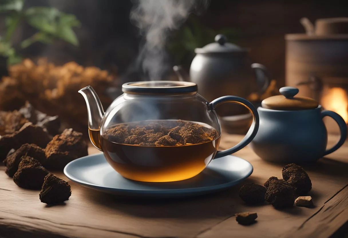 A steaming cup of chaga tea sits on a wooden table, surrounded by dried chaga mushrooms, a teapot, and a cozy atmosphere