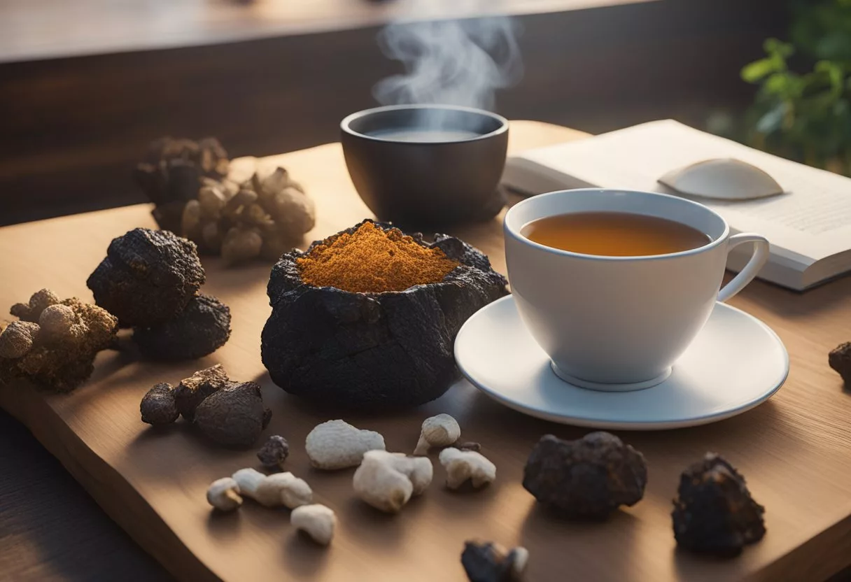 A steaming cup of chaga mushroom tea sits on a wooden table, surrounded by dried chaga mushrooms and scientific literature on their health benefits