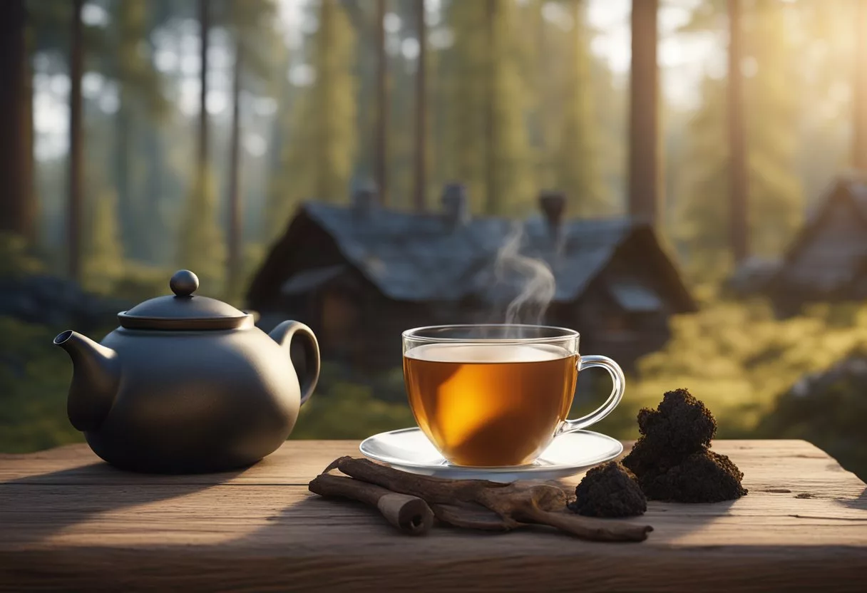 A steaming cup of chaga mushroom tea sits on a wooden table surrounded by fresh chaga mushrooms and a rustic teapot