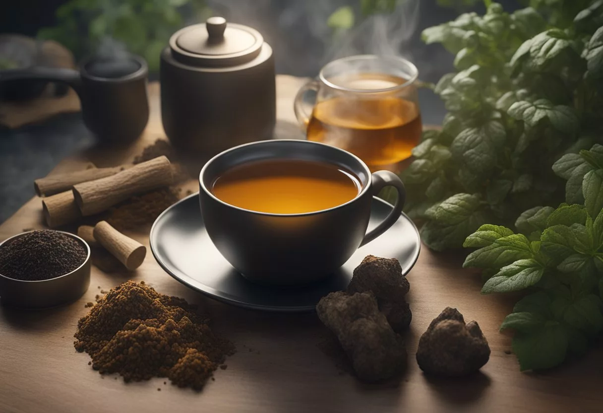 A steaming cup of chaga mushroom tea surrounded by herbal supplements and a warning label