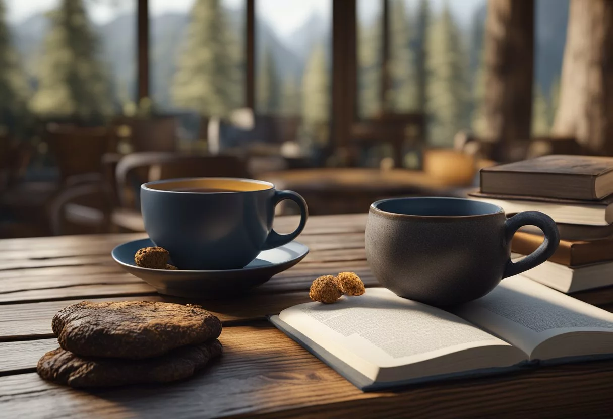 A steaming cup of chaga mushroom tea sits on a rustic wooden table, surrounded by scattered chaga mushrooms and a book titled "Frequently Asked Questions."