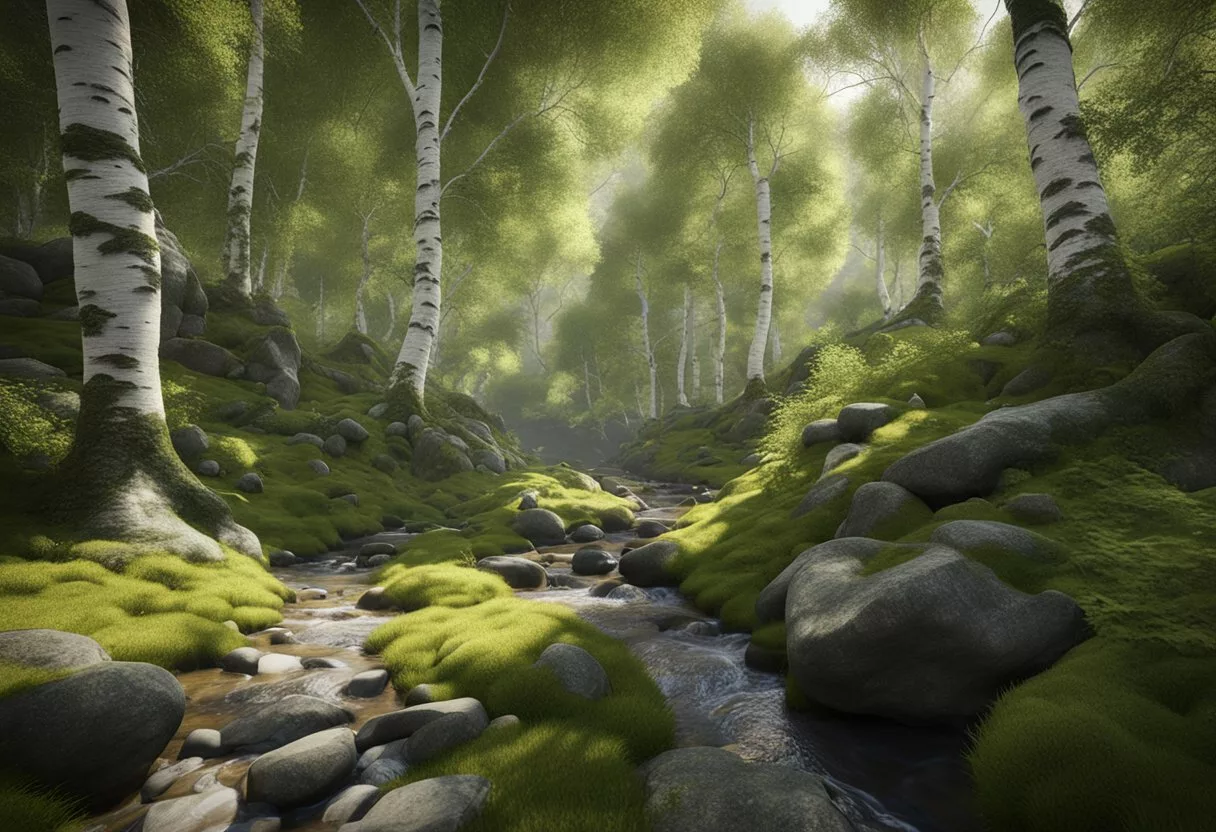 A lush forest with tall birch trees and moss-covered rocks, with a small stream flowing through the landscape