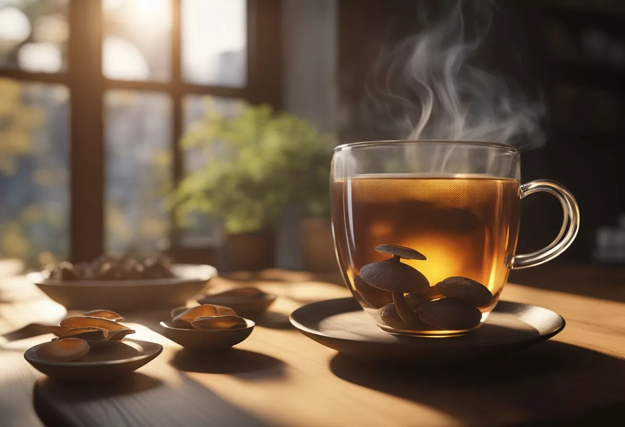 A steaming cup of reishi mushroom tea sits on a wooden table, surrounded by fresh reishi mushrooms and a few loose tea leaves. Sunlight filters through the window, casting a warm glow on the scene