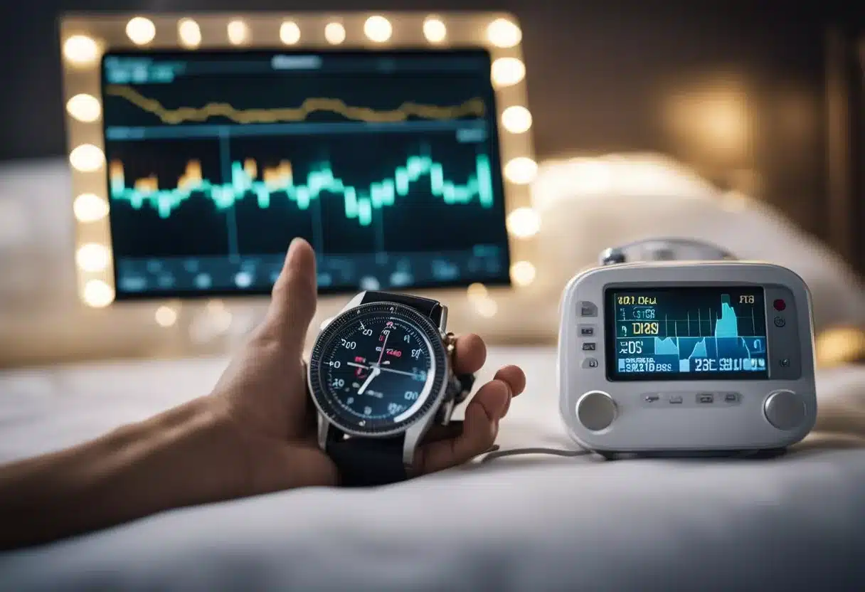 A person lying in bed, surrounded by medical equipment and a glass of water. A heart rate monitor displays a high reading