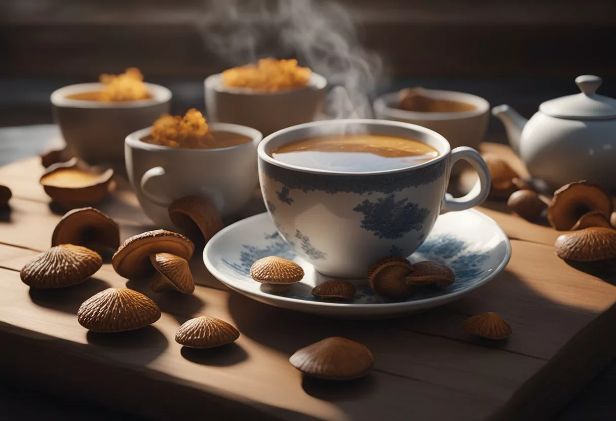 A steaming cup of reishi mushroom tea sits on a wooden table, surrounded by scattered dried reishi mushrooms and a few fresh ones