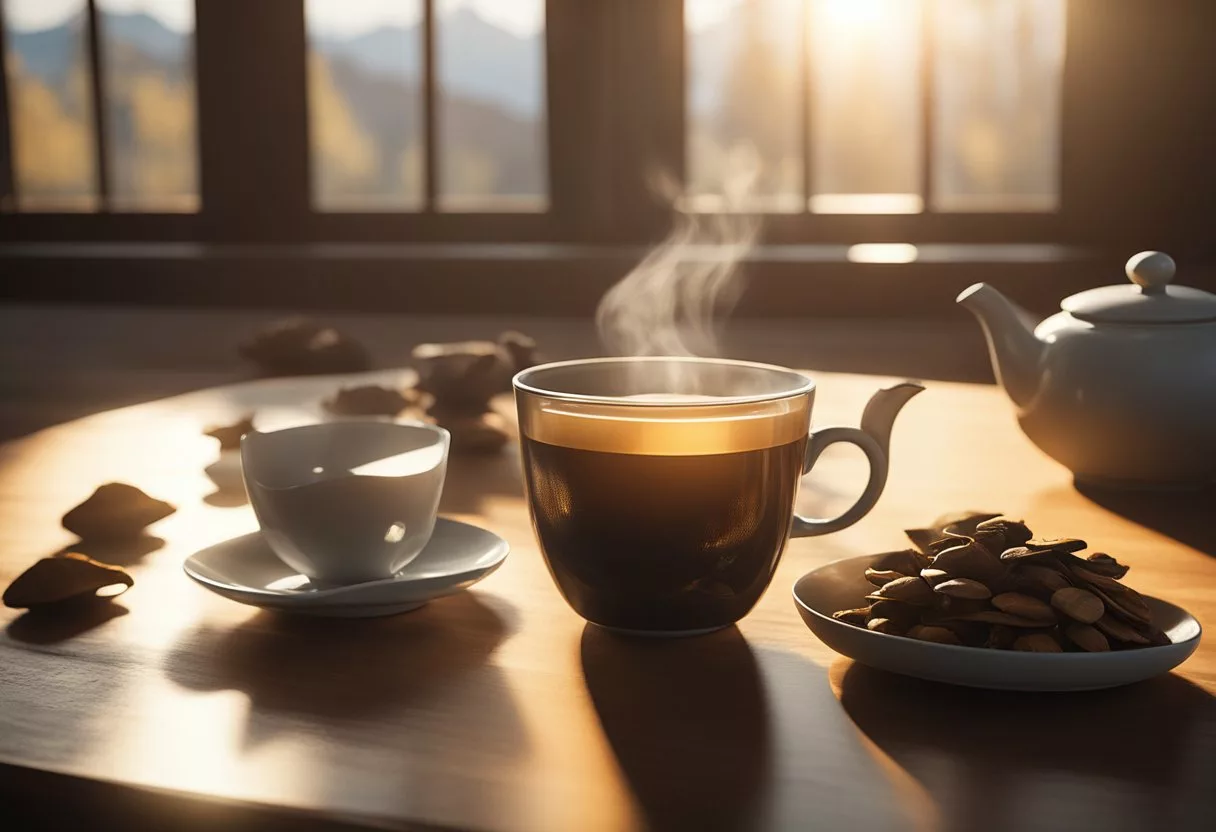 A steaming cup of reishi mushroom tea sits on a wooden table, surrounded by dried reishi mushrooms and a few scattered tea leaves. Sunlight filters through a nearby window, casting a warm glow on the scene