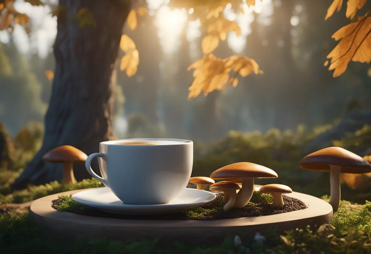 A steaming cup of reishi mushroom tea surrounded by fresh reishi mushrooms and a serene natural setting