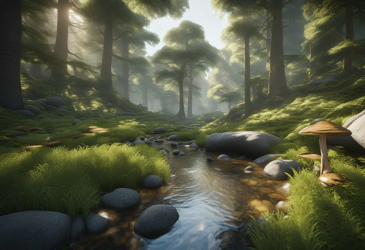 A serene forest with a clear stream, where a person ethically harvests Reishi mushrooms for tea. The surroundings are lush and vibrant, with a sense of sustainability and respect for nature