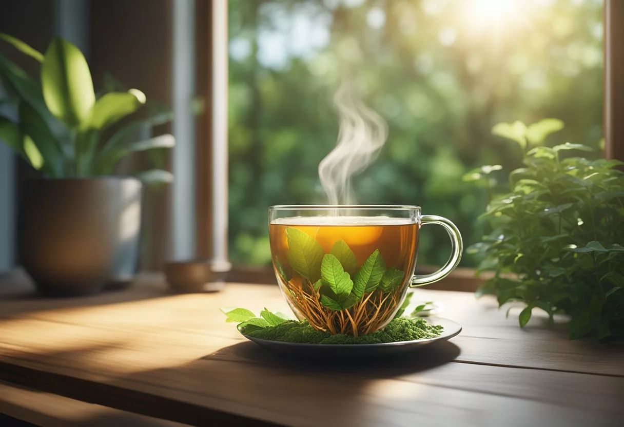 A steaming cup of cordyceps mushroom tea sits on a wooden table, surrounded by vibrant green leaves and a soft, natural light filtering through a window