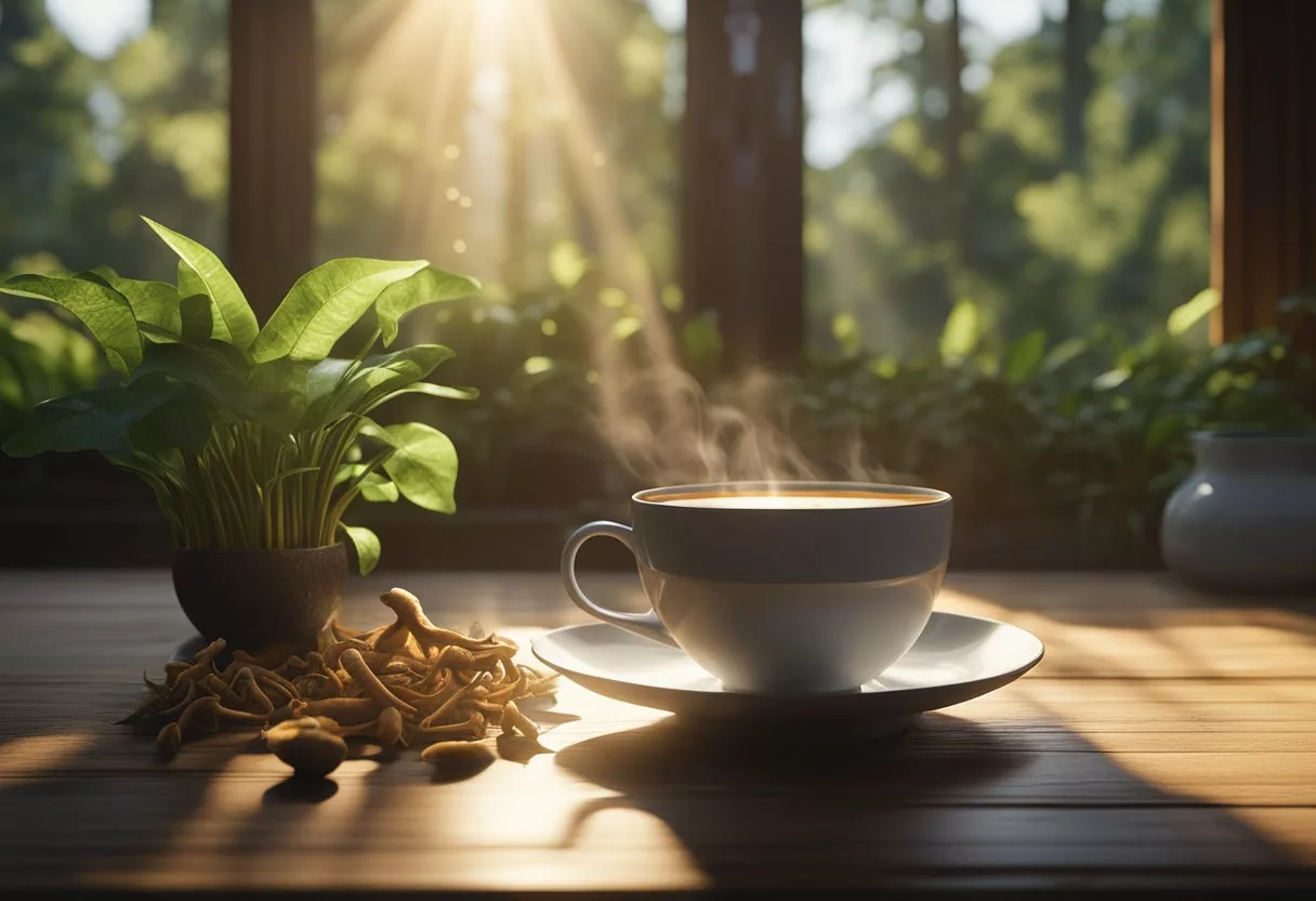 A steaming cup of cordyceps mushroom tea sits on a wooden table, surrounded by fresh mushrooms and green leaves. Sunlight filters through a window, casting a warm glow on the scene