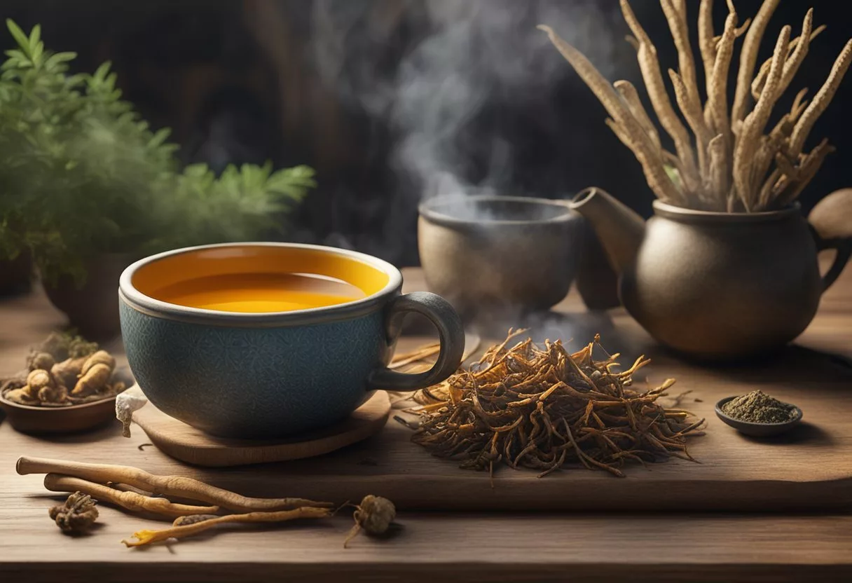 A steaming cup of cordyceps mushroom tea sits on a wooden table, surrounded by traditional medicine herbs and a mortar and pestle