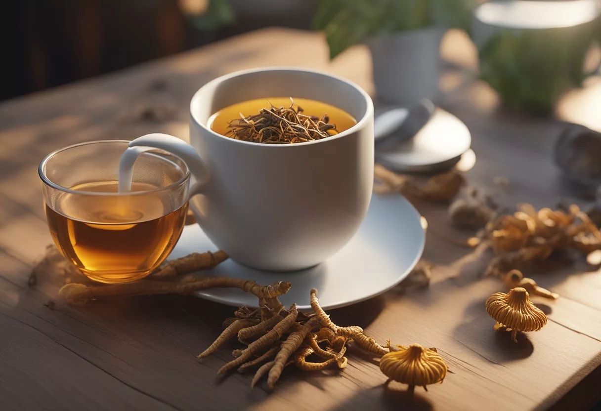 A steaming cup of cordyceps mushroom tea on a wooden table with scattered dried cordyceps mushrooms and a delicate tea infuser