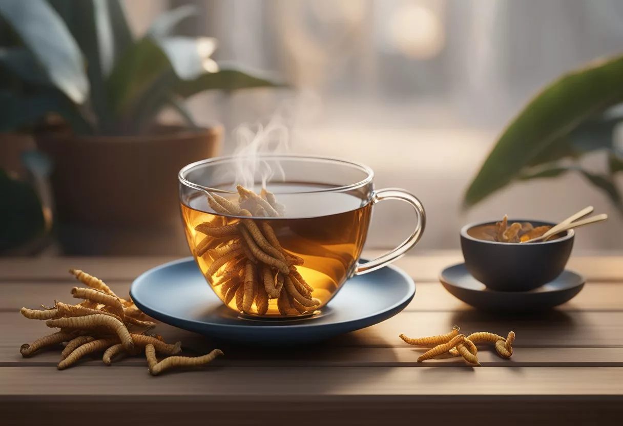 A steaming cup of cordyceps mushroom tea sits on a wooden table, surrounded by a scattering of dried cordyceps mushrooms and a measuring spoon