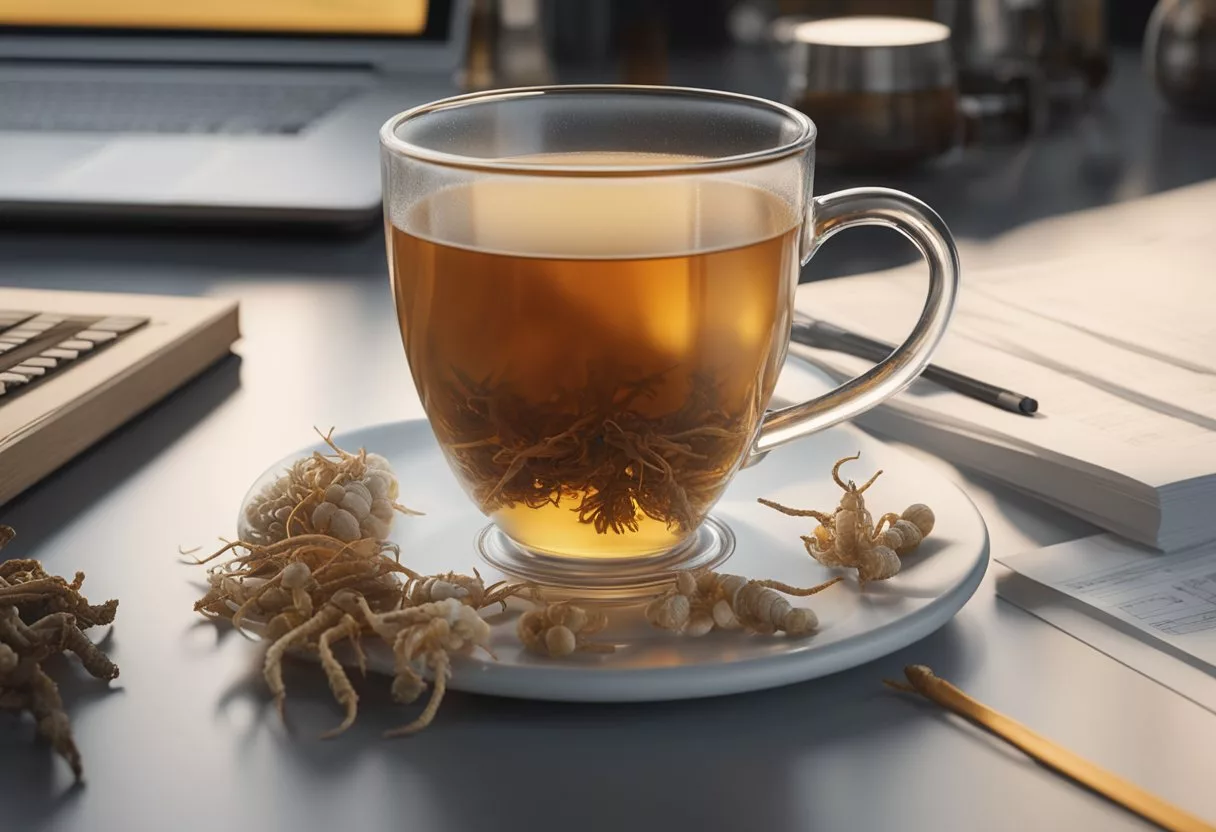 A steaming cup of cordyceps mushroom tea sits on a laboratory table, surrounded by scientific equipment and research papers