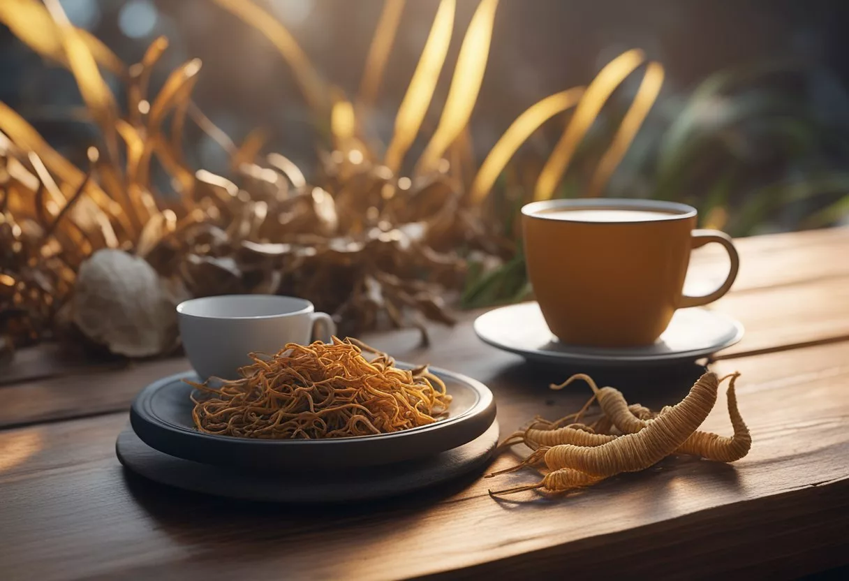 A steaming cup of cordyceps mushroom tea sits next to a pile of dried cordyceps mushrooms on a wooden table. The tea is a deep amber color, and wisps of steam rise from the surface