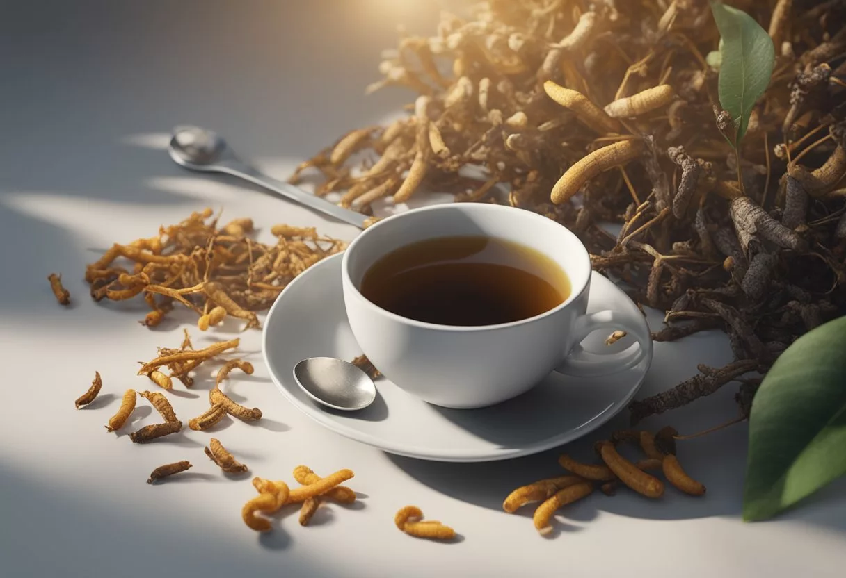 A steaming cup of cordyceps mushroom tea surrounded by scattered tea leaves and a small spoon, with a label displaying "Potential Side Effects" prominently