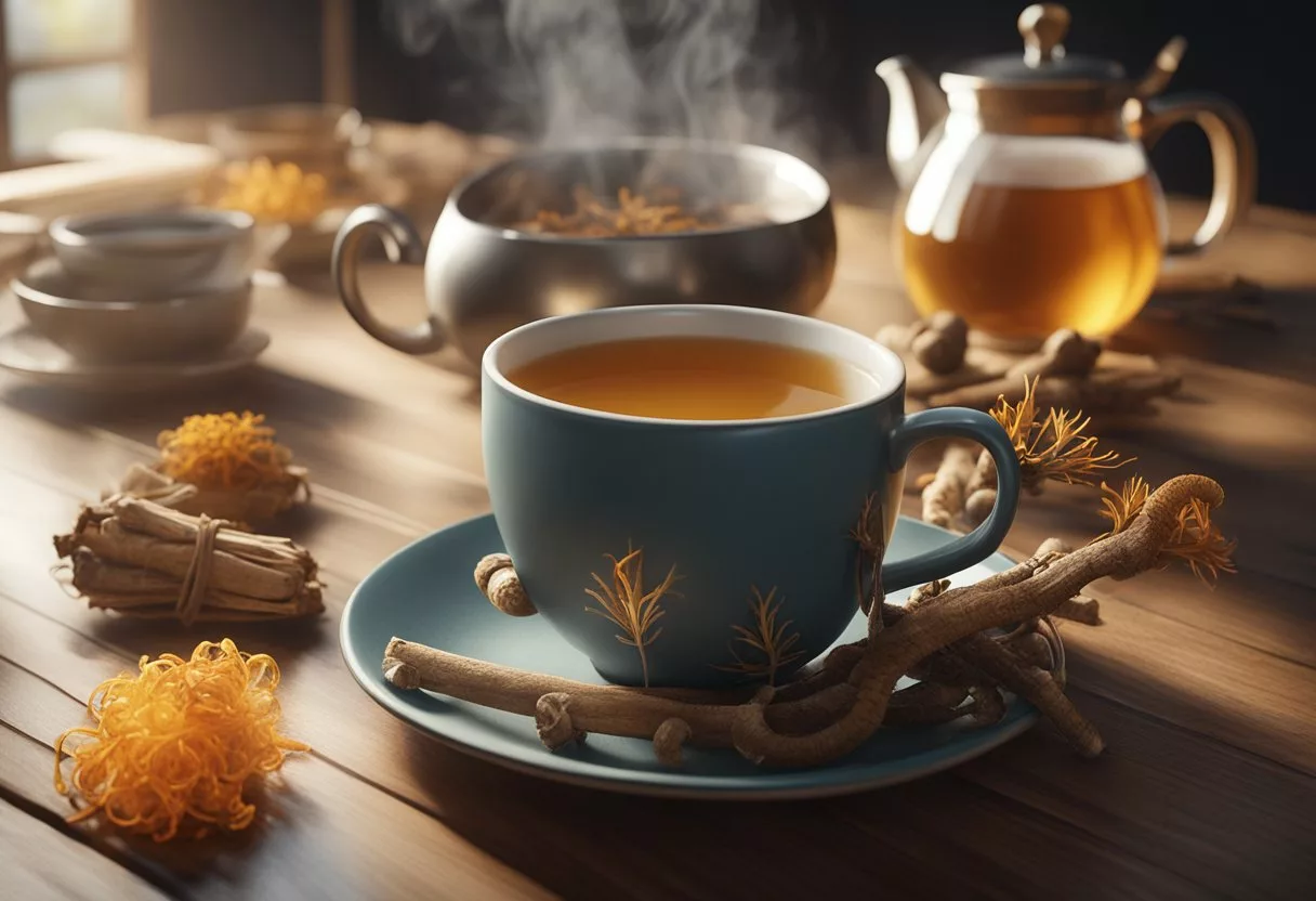 A steaming cup of cordyceps mushroom tea surrounded by a collection of frequently asked questions, with a warm and inviting atmosphere