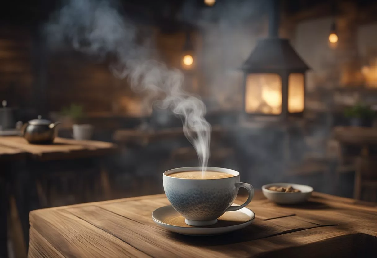 A steaming cup of shiitake mushroom tea on a rustic wooden table with steam rising and earthy aroma