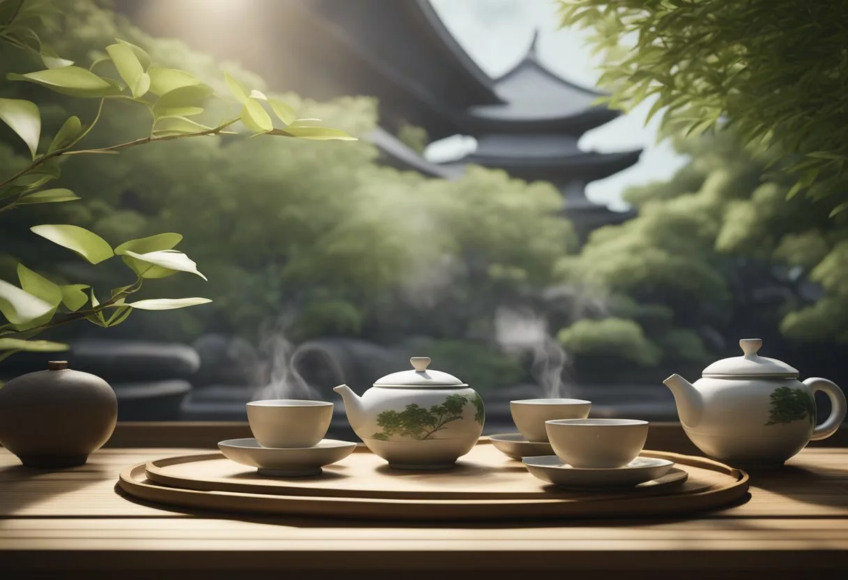 A traditional Japanese tea ceremony with a steaming cup of shiitake mushroom tea on a bamboo tray, surrounded by delicate porcelain teacups and a serene backdrop of a zen garden