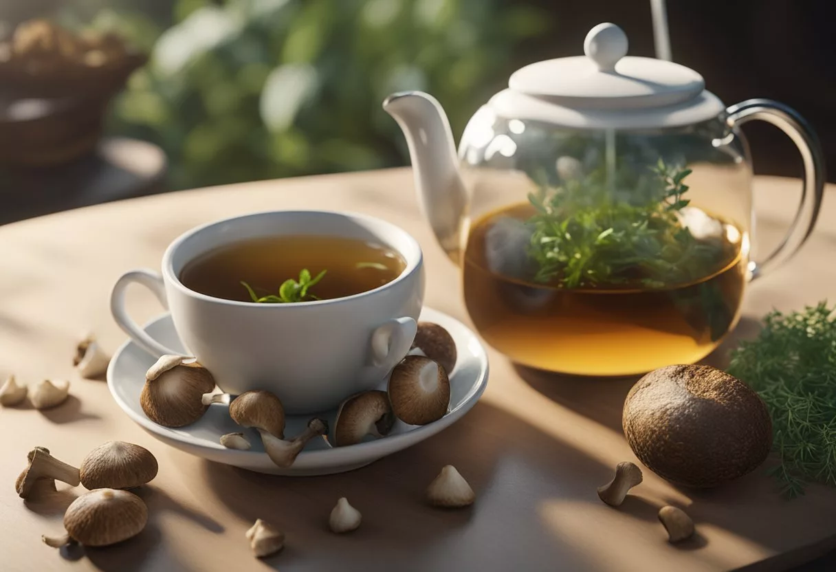 A steaming cup of shiitake mushroom tea surrounded by fresh mushrooms and a sprig of herbs