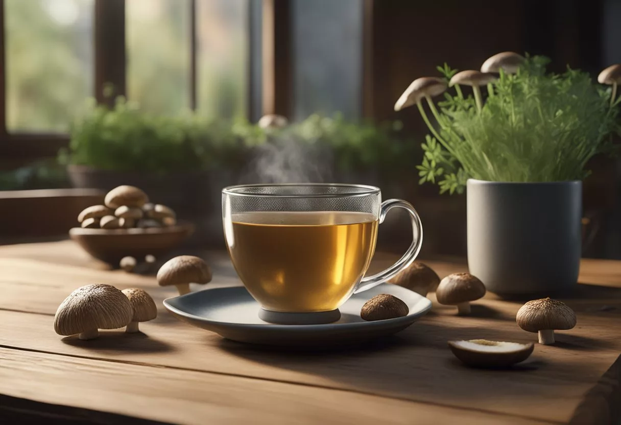 A steaming cup of shiitake mushroom tea sits on a wooden table, surrounded by fresh mushrooms and a sprig of herbs