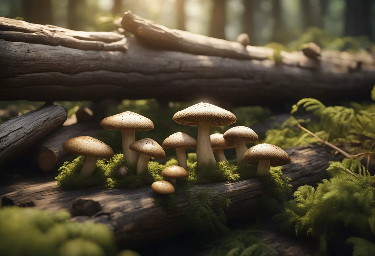 Shiitake mushrooms growing on logs, picked and brewed into tea