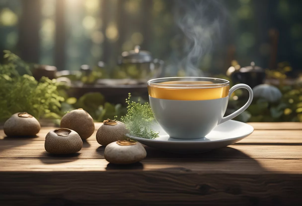 A steaming cup of shiitake mushroom tea sits on a rustic wooden table, surrounded by fresh mushrooms, herbs, and a teapot