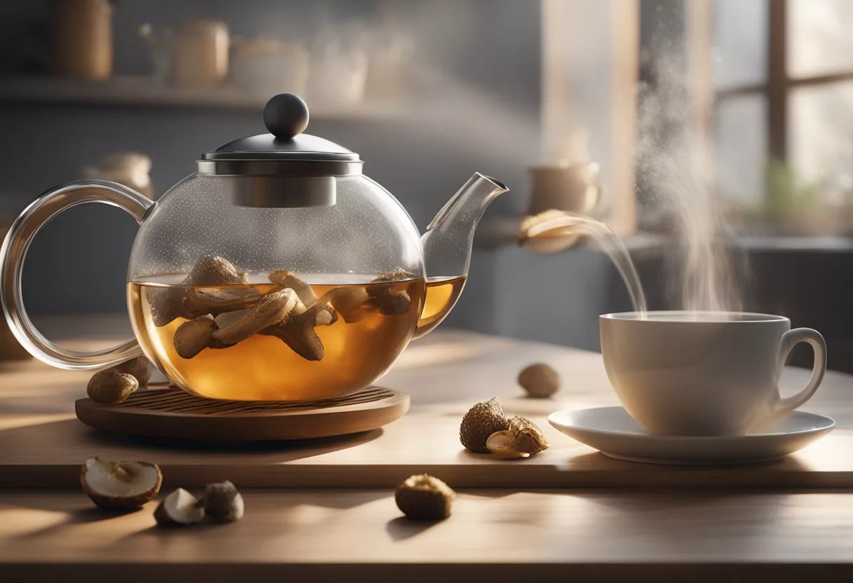 A person carefully pours hot water over dried shiitake mushrooms in a teapot, ensuring safety and consideration in preparing shiitake mushroom tea