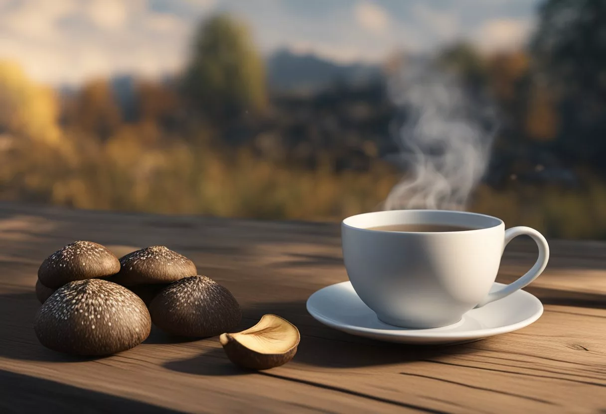 A steaming cup of shiitake mushroom tea sits on a rustic wooden table, with a scattering of dried shiitake mushrooms and a small teapot in the background