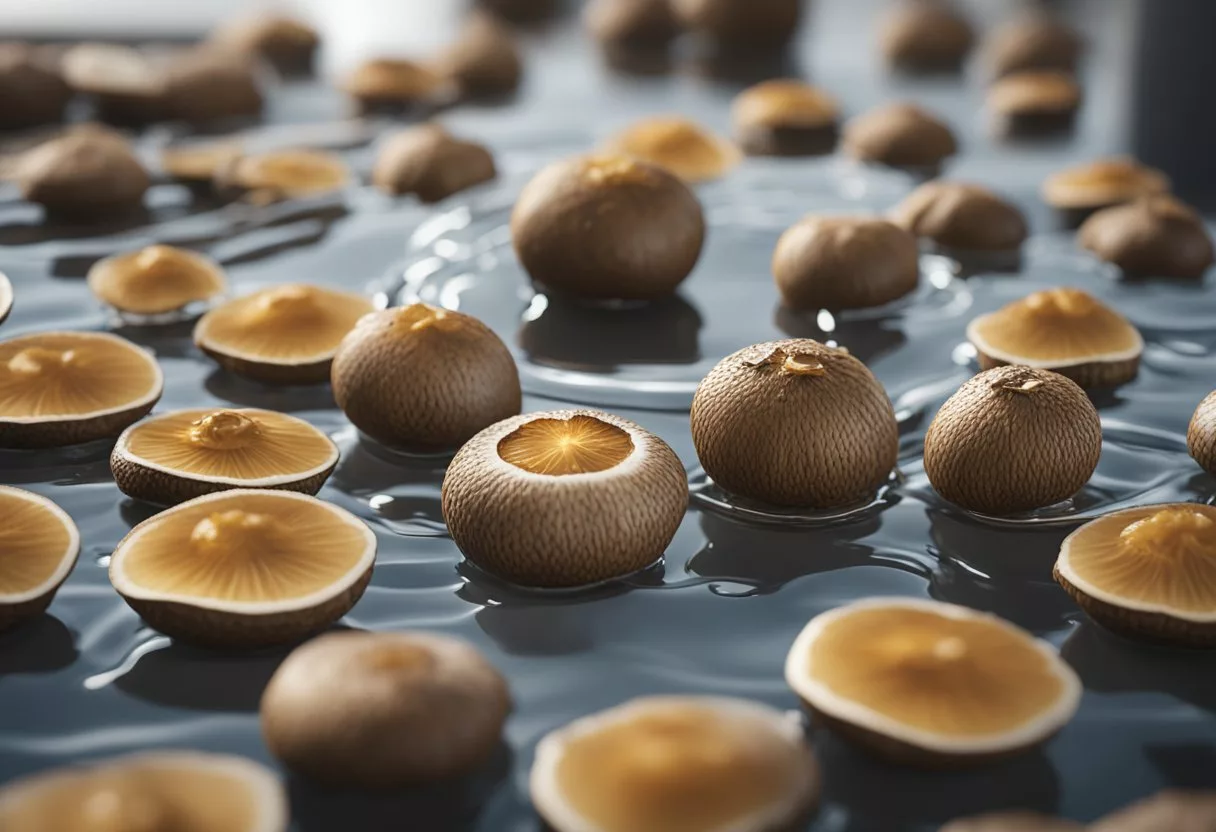 Shiitake mushrooms sliced, simmering in water. Tea infuser steeping. Ingredients nearby