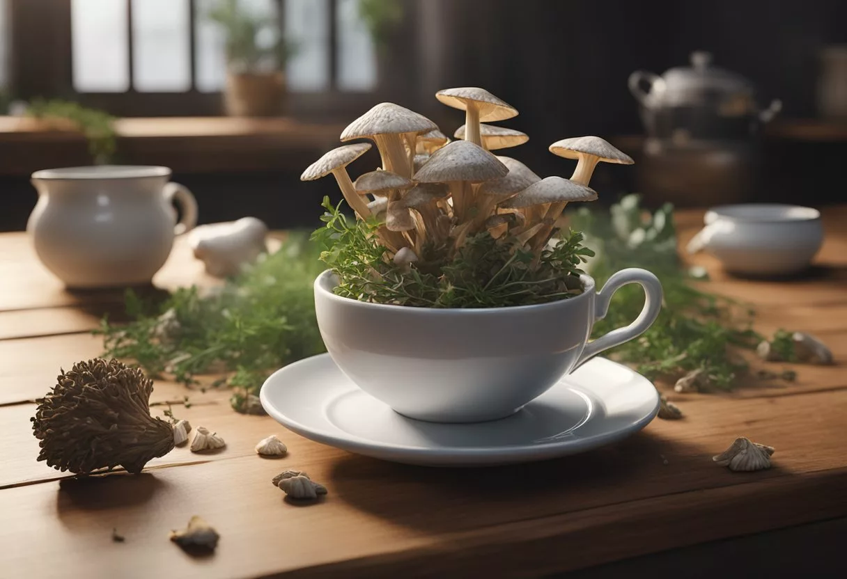 A steaming cup of maitake mushroom tea sits on a wooden table, surrounded by scattered dried maitake mushrooms and a sprig of fresh herbs