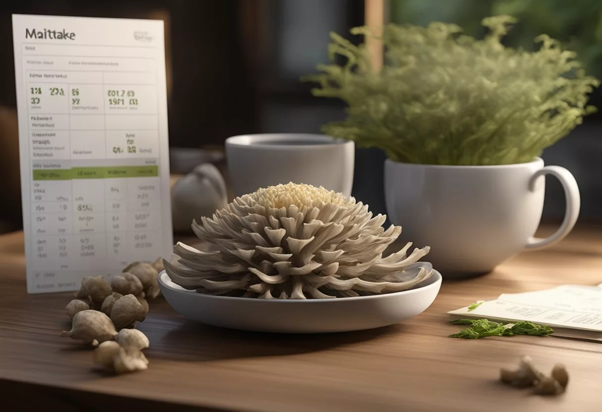 A steaming cup of maitake mushroom tea sits on a wooden table, surrounded by fresh maitake mushrooms and a nutritional profile chart