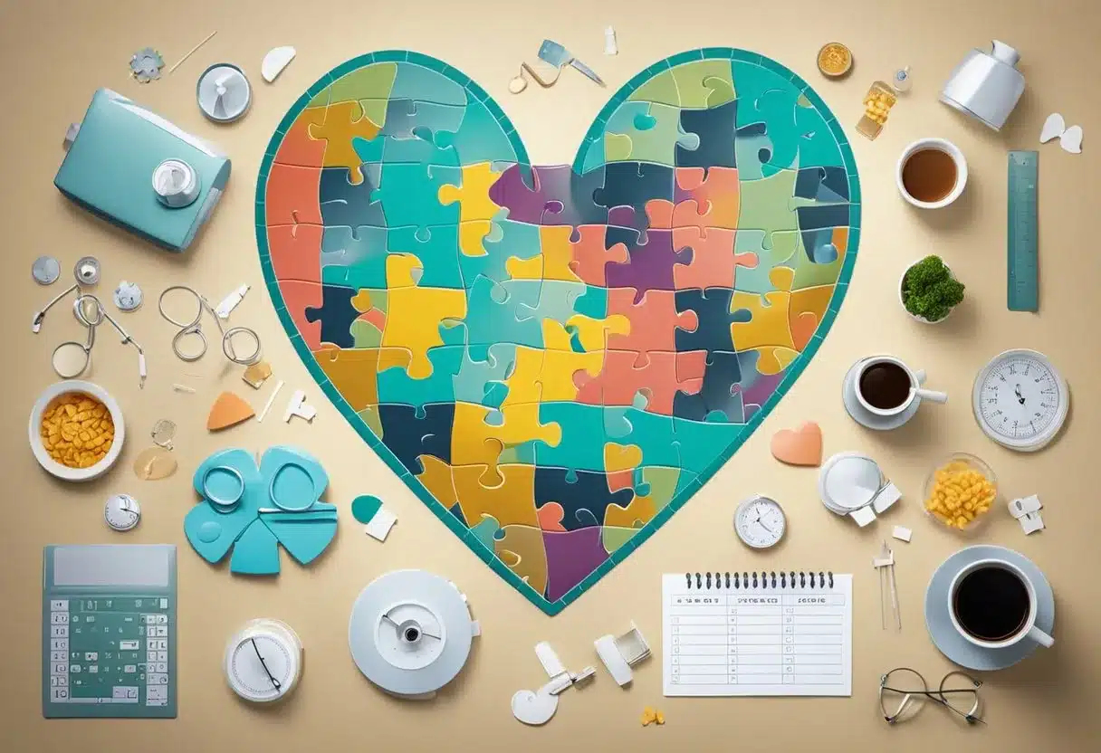 A heart-shaped puzzle with "POTS" in the center, surrounded by medical equipment and a list of symptoms