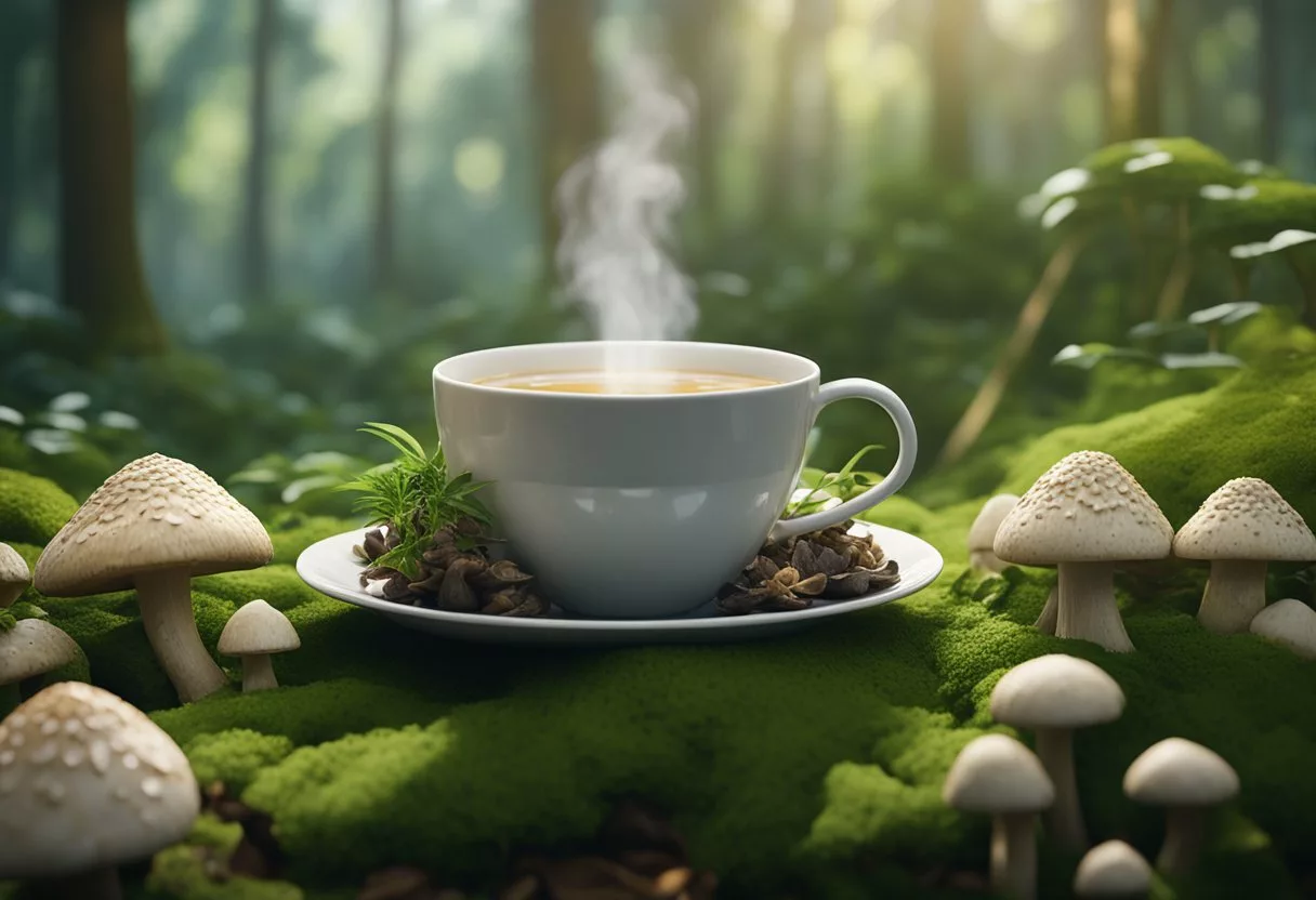 A steaming cup of Maitake mushroom tea surrounded by fresh mushrooms and a backdrop of lush greenery