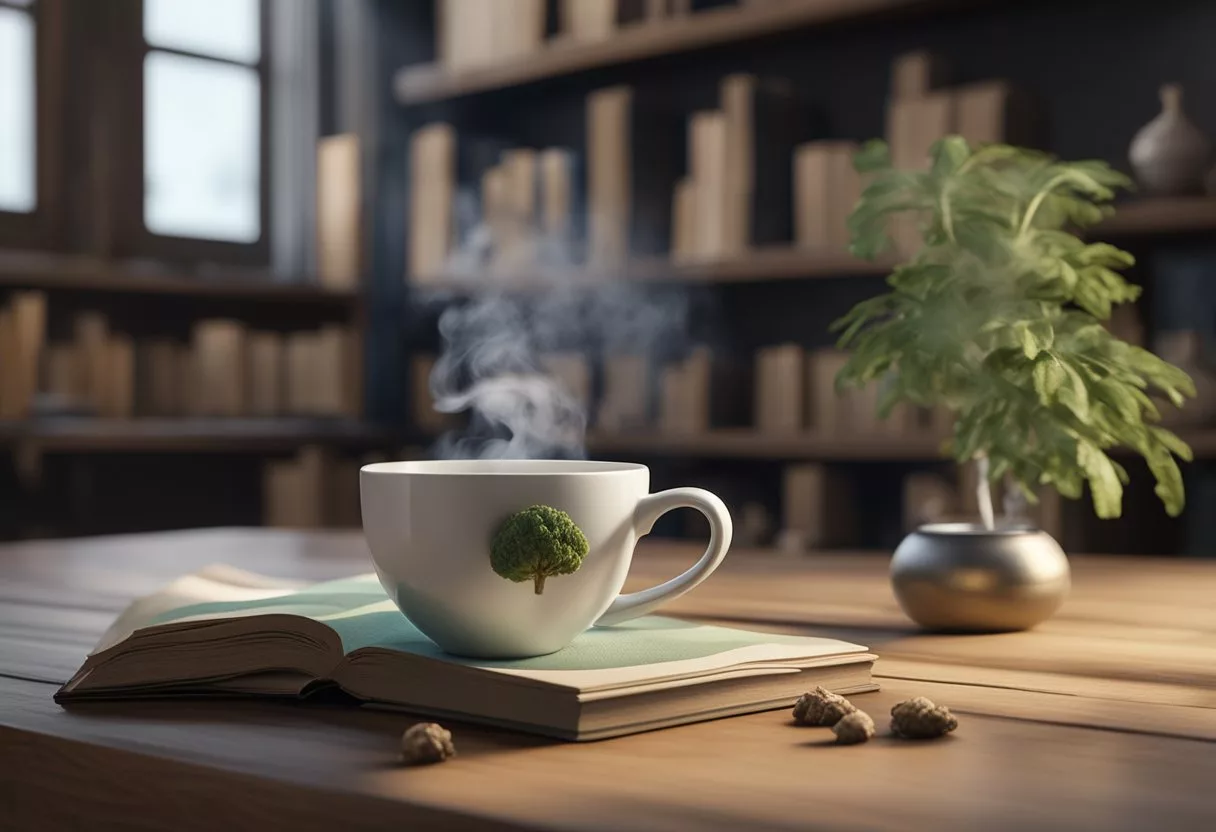 A steaming cup of maitake mushroom tea sits on a wooden table, surrounded by traditional and modern medicine books